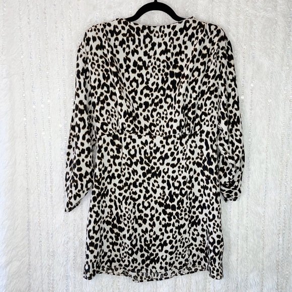 ZARA Lightweight Mini Dress Size XLARGE Animal Print Ruched Sleeve Shoulder Pads - Picture 2 of 12